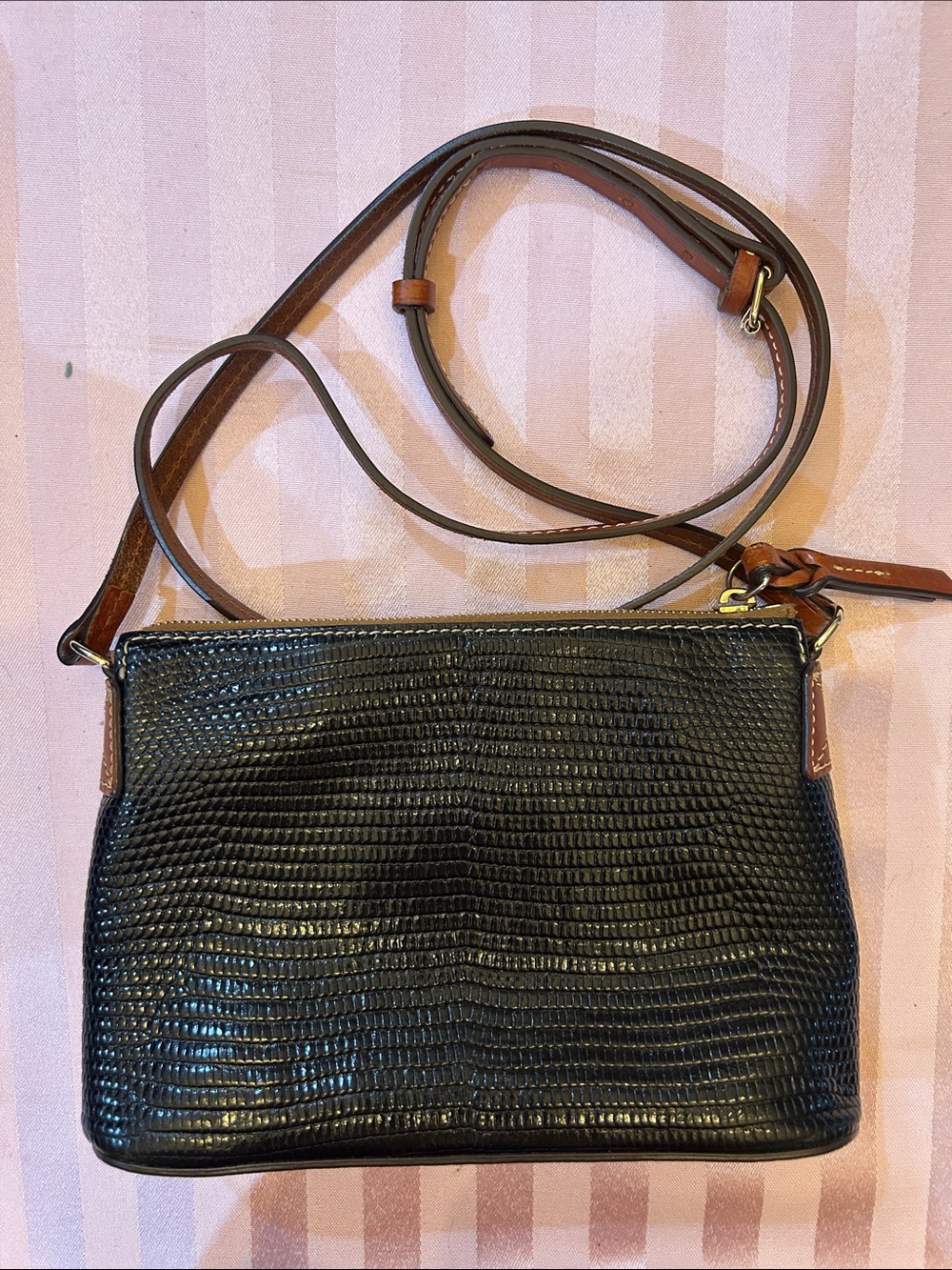 Dooney & Bourke Black Lizard-Embossed Crossbody with Brown Trim - Picture 2 of 4